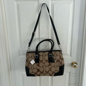 NWT Coach Signature Hampton Carryall Khaki Black leather shoulder bag F13812